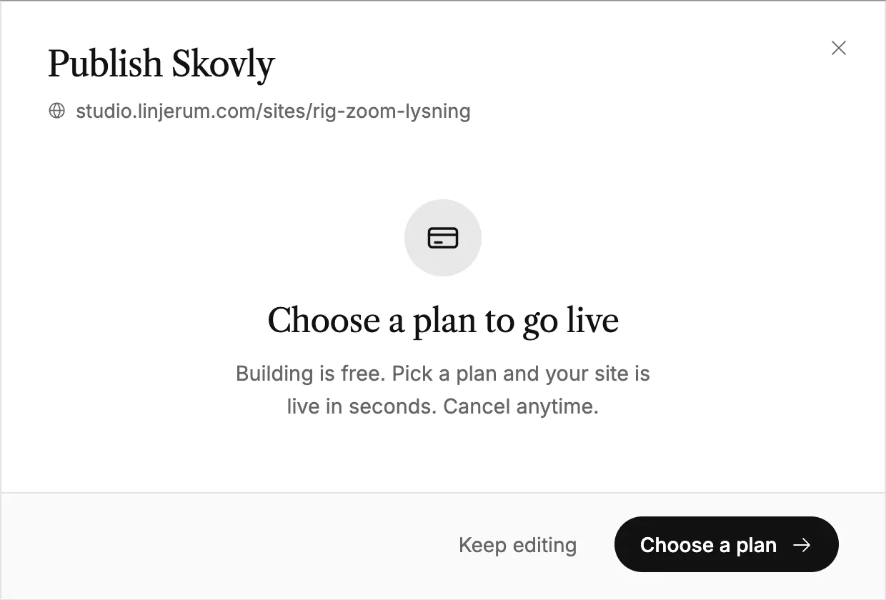 The publish window asking you to choose a plan before the first publish