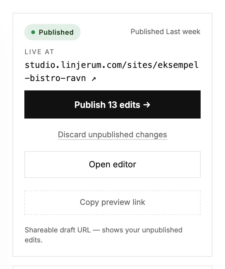 The status box of a live site with unpublished edits and a Discard link