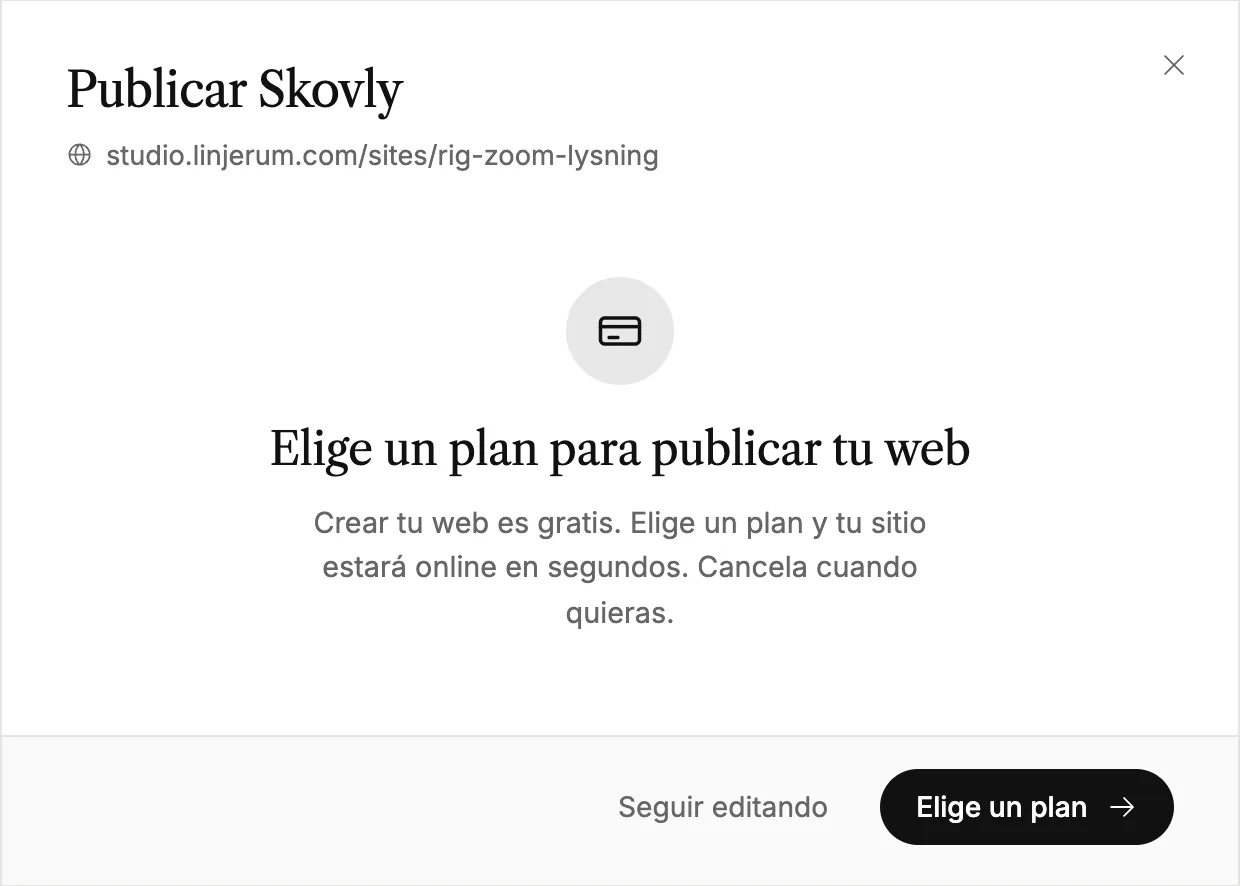 La ventana de publicación que te pide elegir un plan antes de la primera publicación