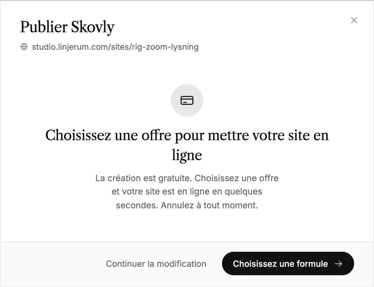 La fenêtre de publication vous demandant de choisir une formule avant la première mise en ligne