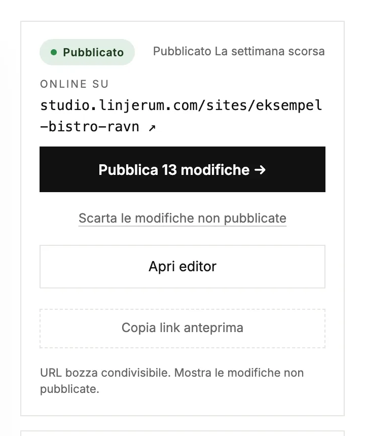 Il riquadro di stato di un sito online con modifiche non pubblicate e un link [Scarta]
