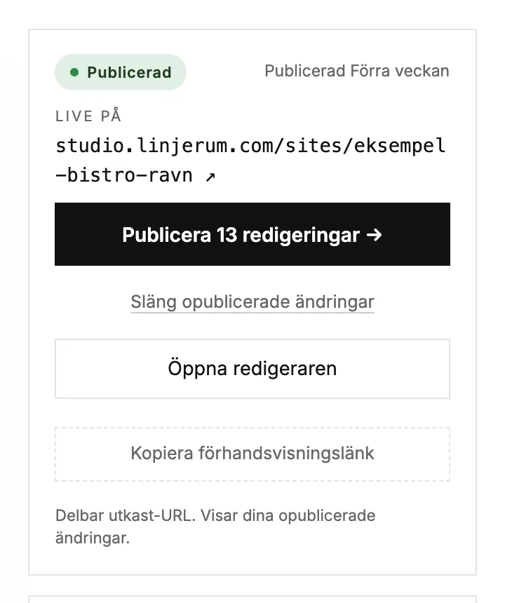 Statusrutan för en livewebbplats med opublicerade ändringar och en [Kasta]-länk