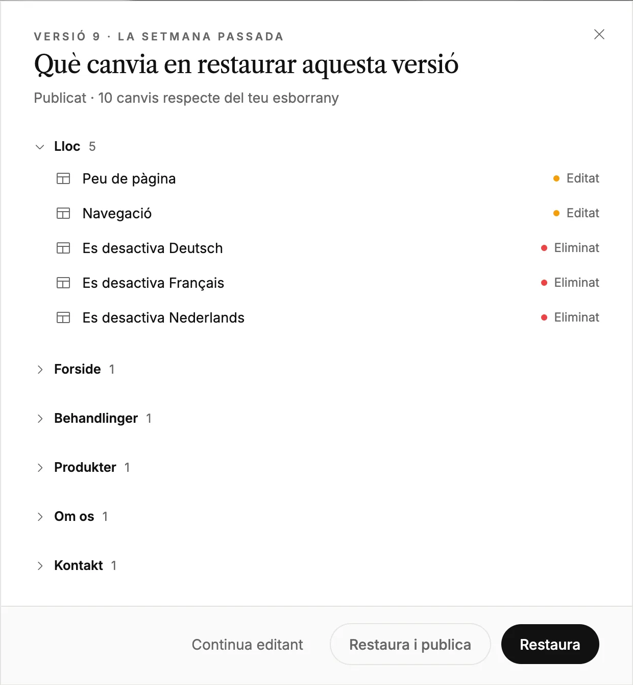 La revisió dels canvis que es faran en restaurar una versió, amb [Restore] i [Restore and publish]