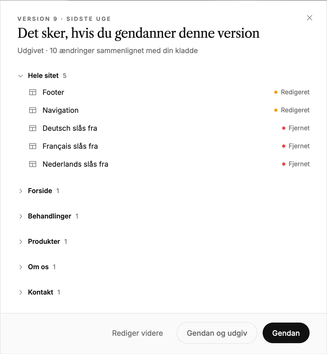 Oversigten over, hvad en gendannelse af en version ændrer, med Gendan og Gendan og udgiv