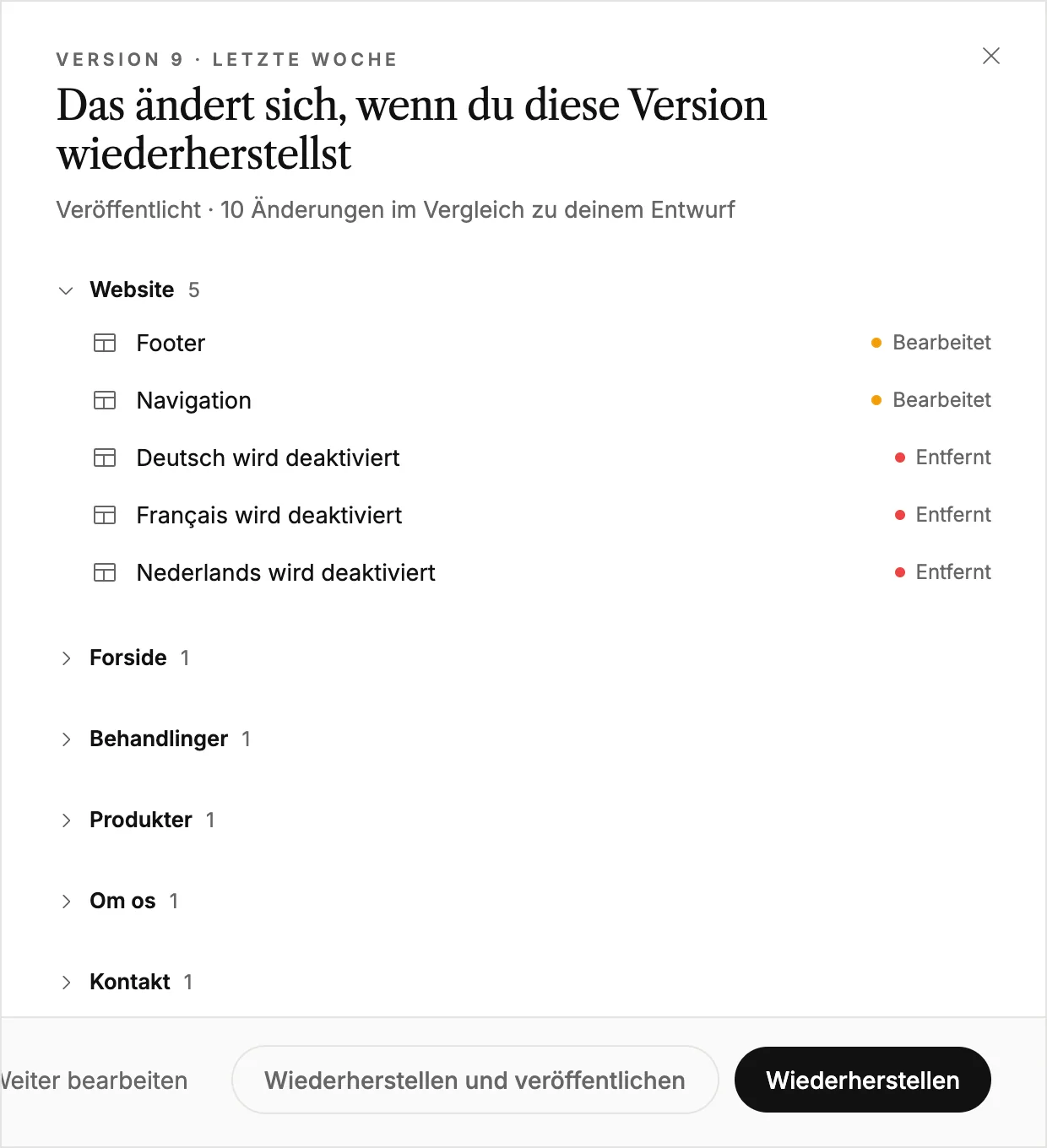 Die Übersicht, was sich beim Wiederherstellen einer Version ändert, mit [Wiederherstellen] und [Wiederherstellen und veröffentlichen]