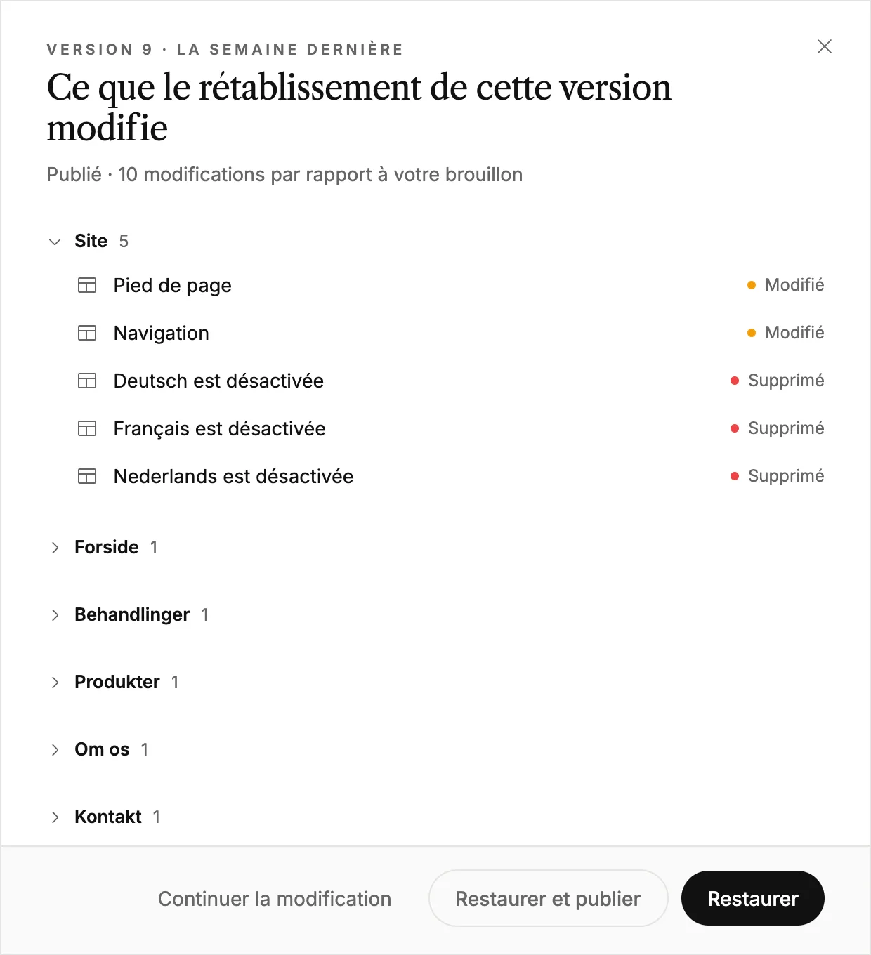 Le récapitulatif des changements lors de la restauration d’une version, avec Restaurer et Restaurer et publier
