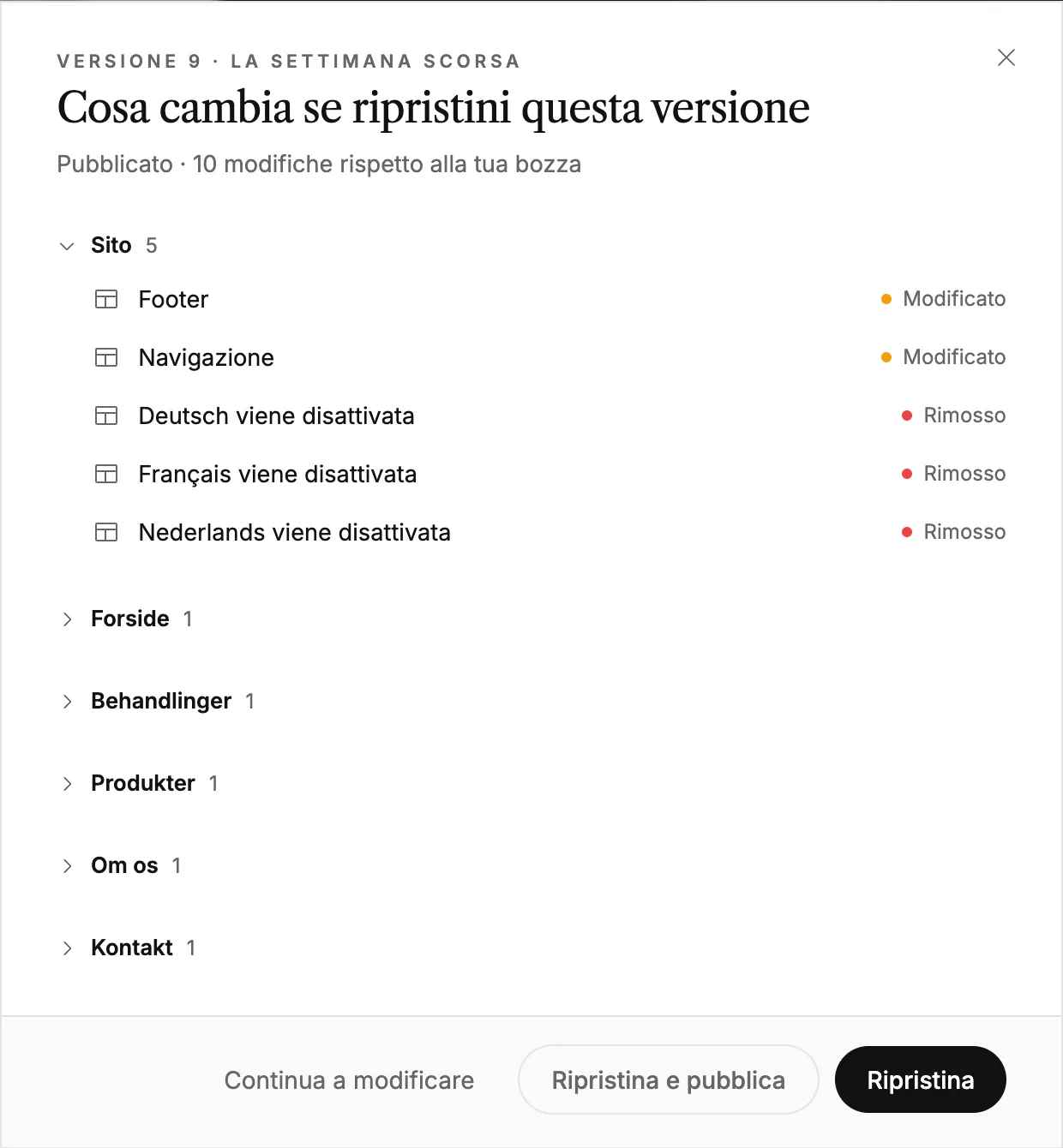 Il riepilogo di cosa cambia ripristinando una versione, con [Ripristina] e [Ripristina e pubblica]