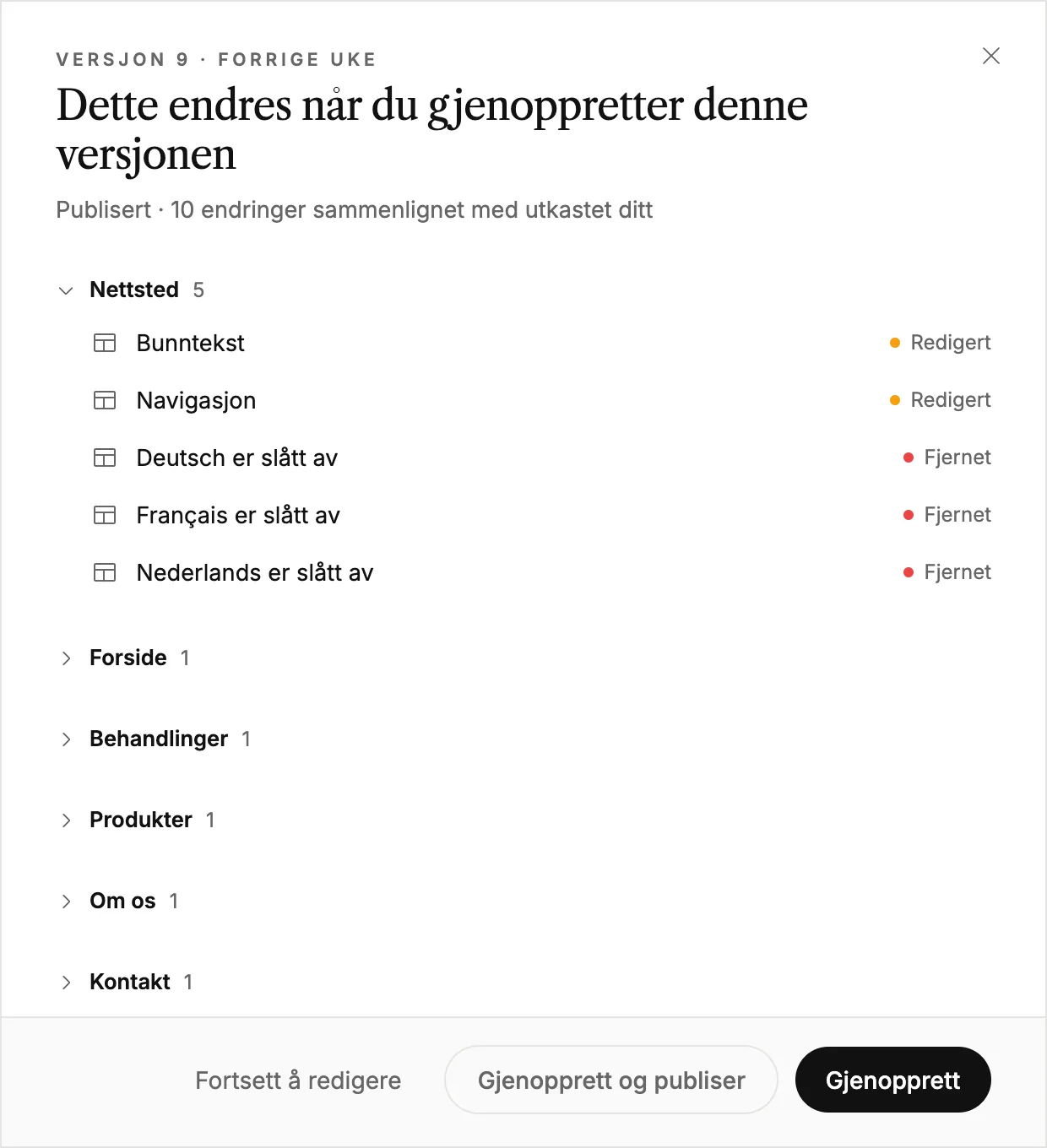 Oversikten over hva som endres når du gjenoppretter en versjon, med Restore og Restore and publish