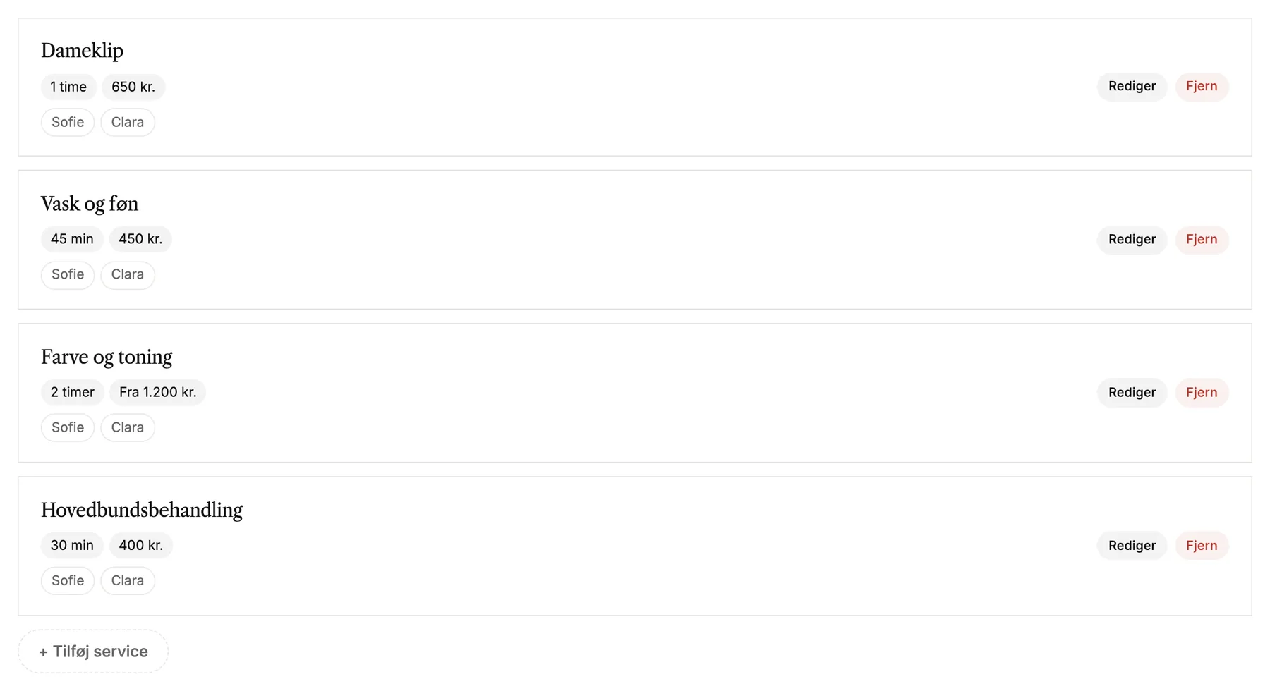 En liste over ydelser med varighed, pris og hvem der tilbyder dem