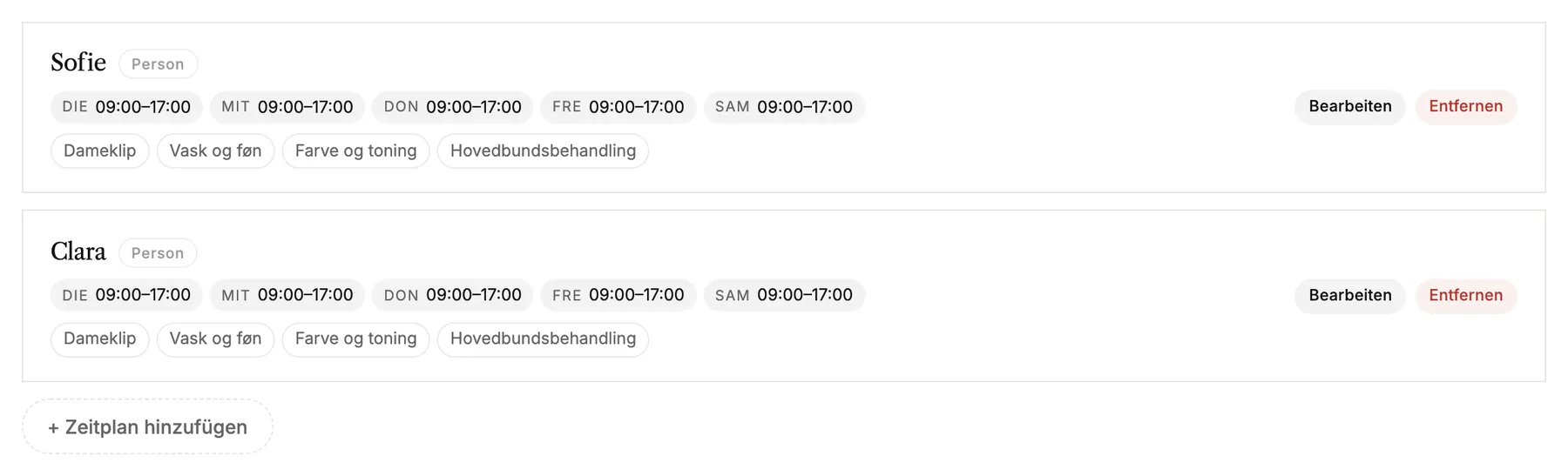 Zwei Zeitpläne mit ihren Öffnungszeiten und den Services, die sie anbieten