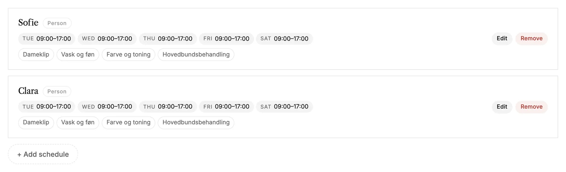 Two schedules with their opening hours and the services they offer