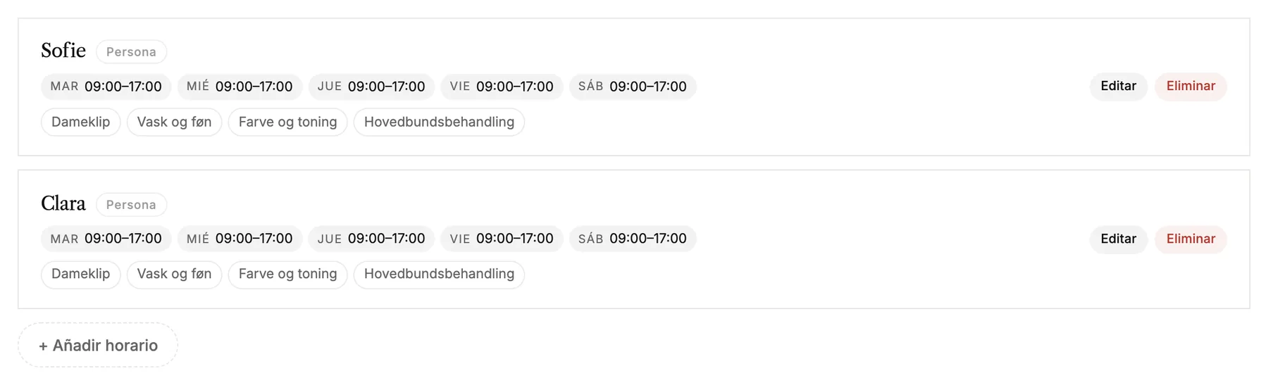 Dos horarios con sus horas de apertura y los servicios que ofrecen