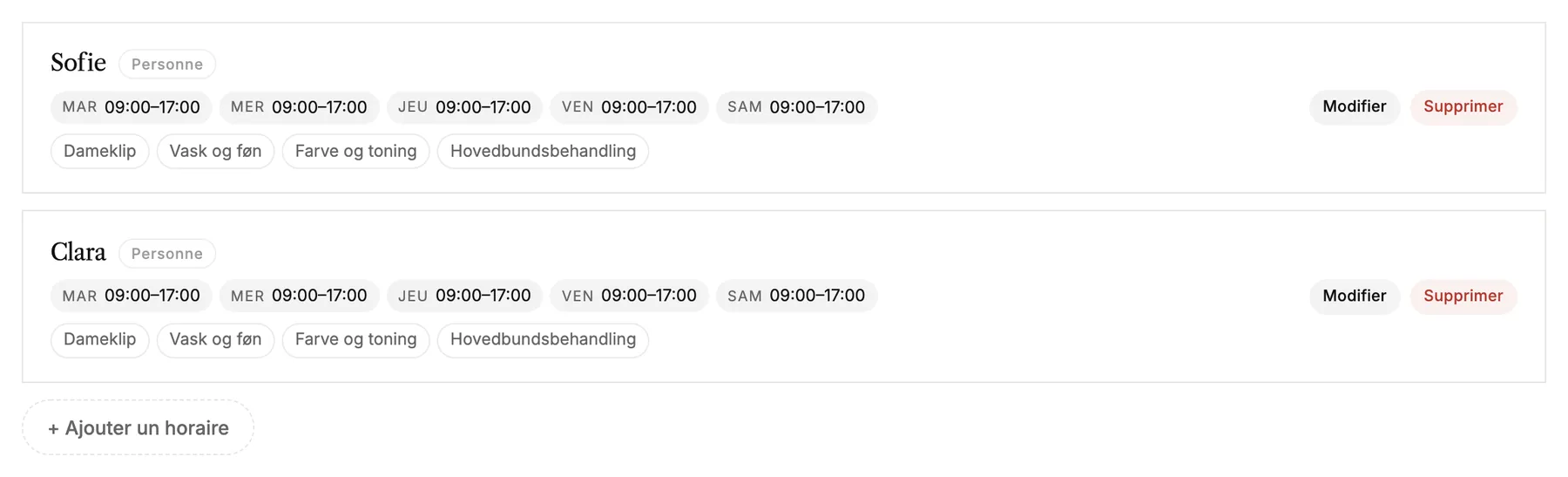 Deux plannings avec leurs horaires d’ouverture et les services proposés