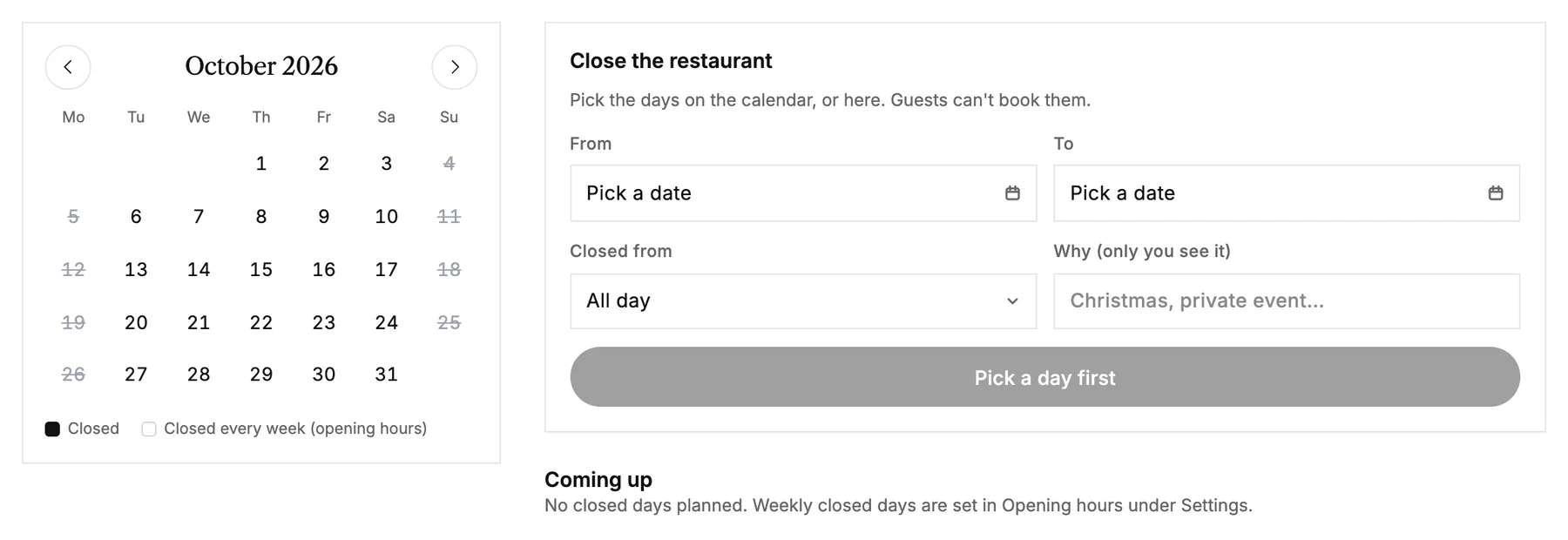 The Closed days calendar, with a form to close the restaurant on some days