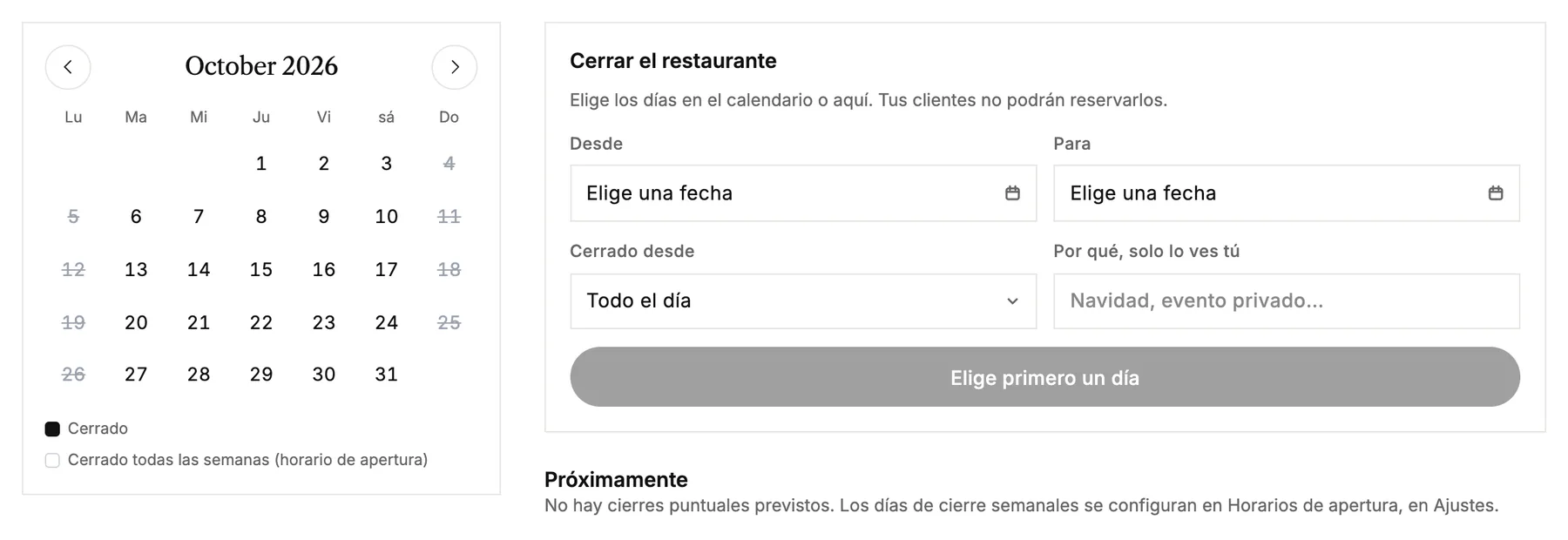El calendario de días cerrados, con un formulario para cerrar el restaurante algunos días
