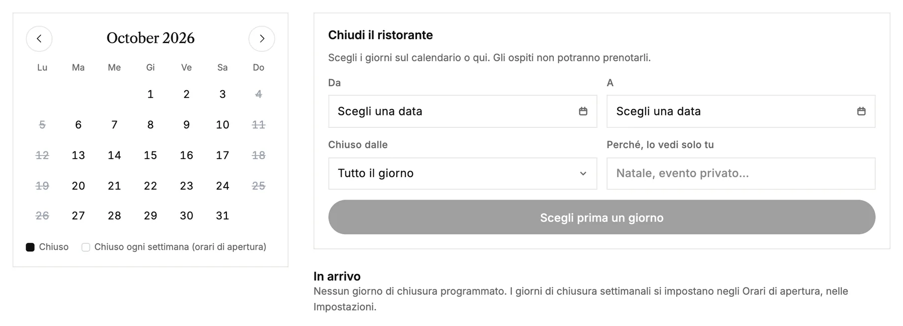 Il calendario dei giorni di chiusura, con un modulo per chiudere il ristorante in alcuni giorni