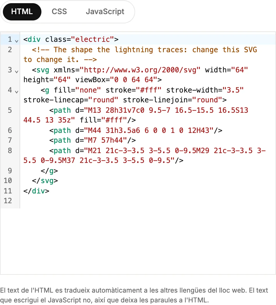 El panell de codi amb les pestanyes HTML, CSS i JavaScript