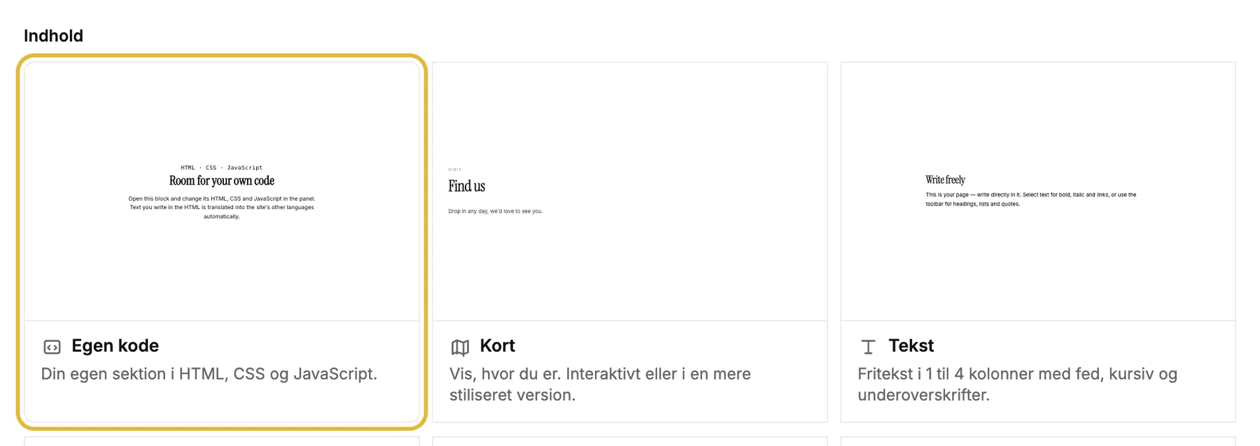 Kortet Egen kode i vinduet Tilføj en blok