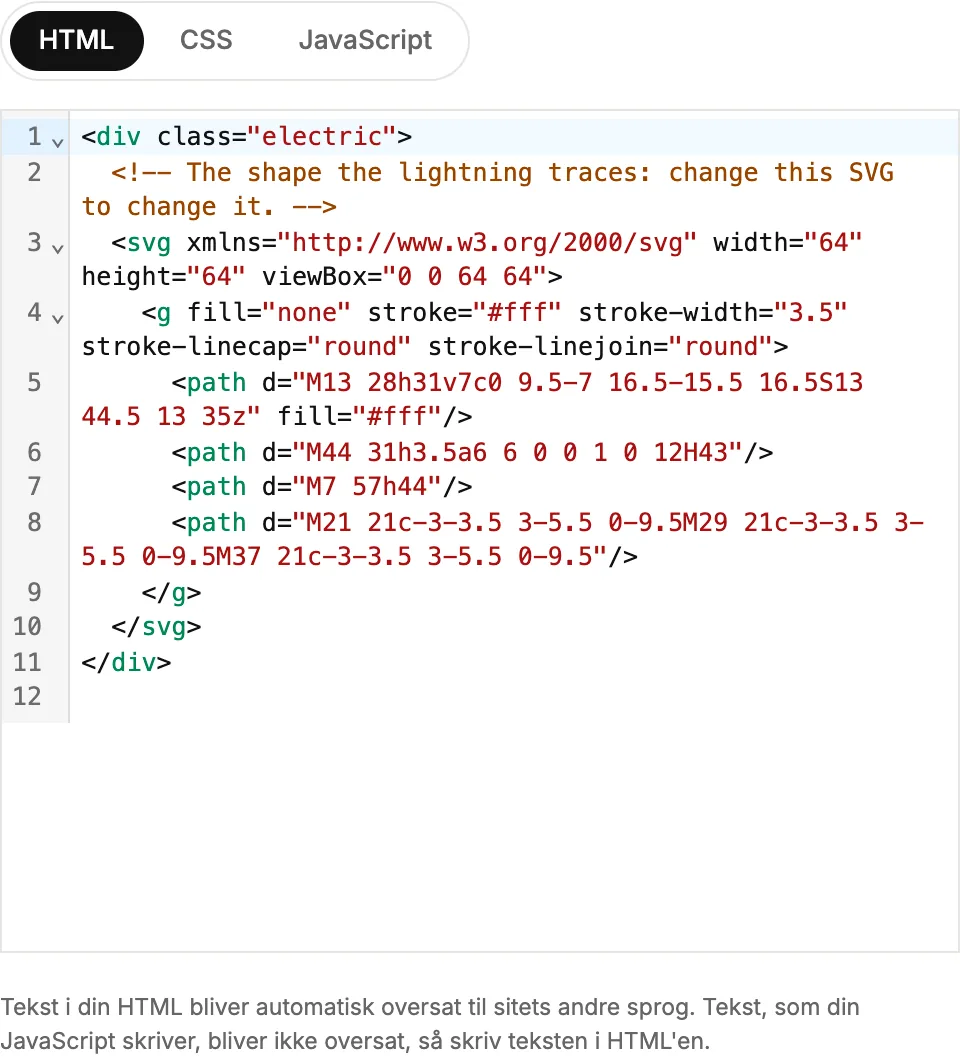 Kodepanelet med fanerne HTML, CSS og JavaScript