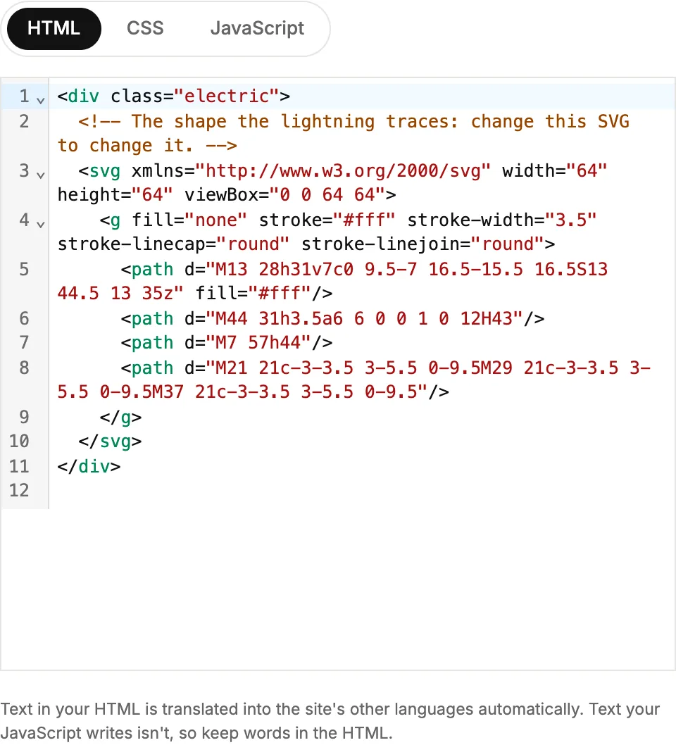 The code panel with HTML, CSS and JavaScript tabs