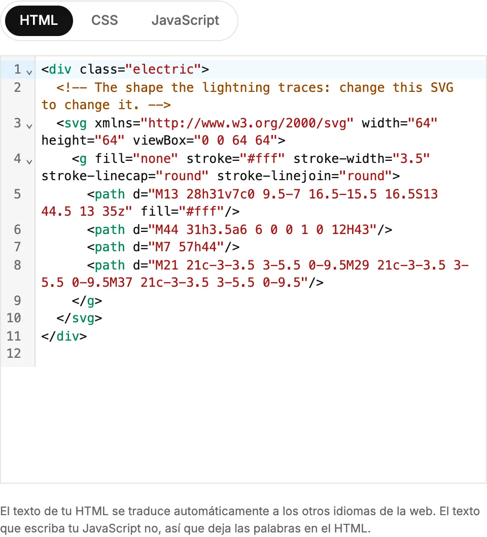 El panel de código con las pestañas HTML, CSS y JavaScript