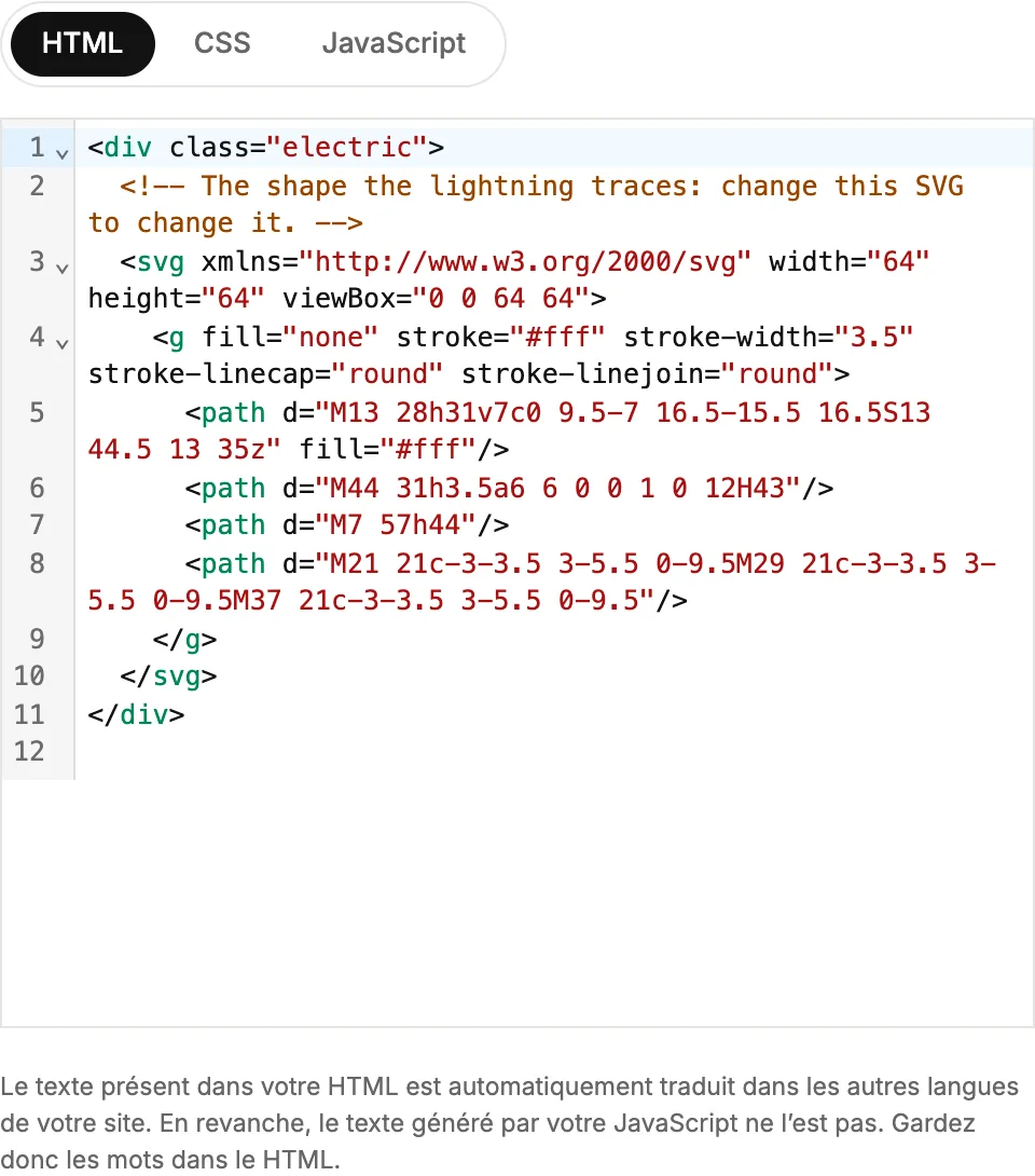 Le panneau de code avec les onglets HTML, CSS et JavaScript