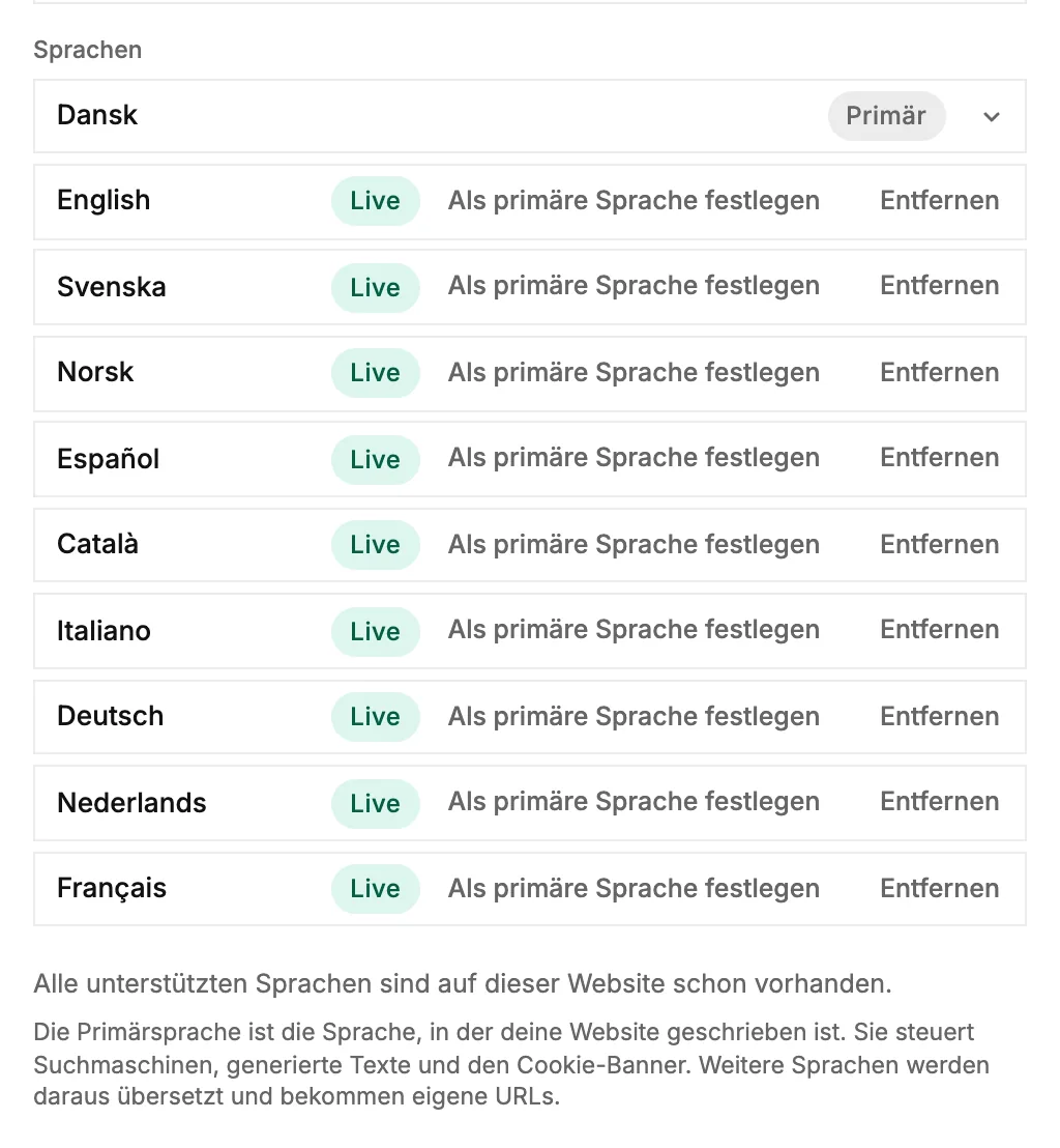 Die Sprachliste in Branding, mit der Hauptsprache ganz oben