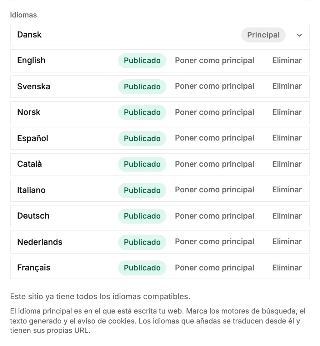La lista de idiomas en Branding, con el idioma principal arriba del todo