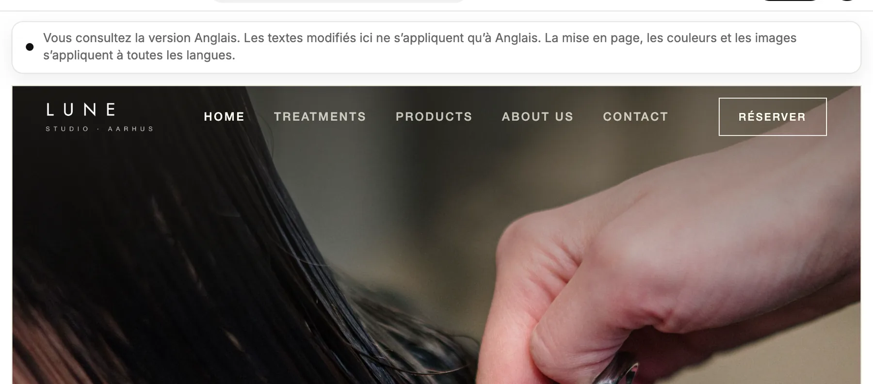 L’éditeur affichant le site en allemand, avec une note en haut qui l’indique