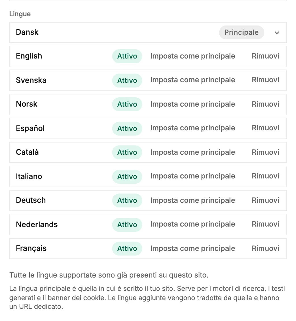 L'elenco delle lingue in Branding, con la lingua principale in alto