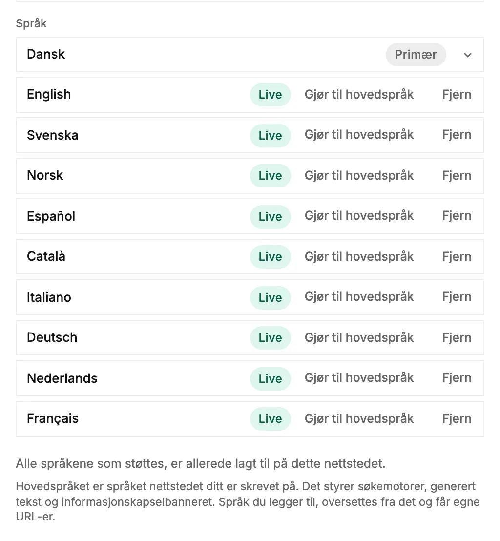 Språklisten i [Branding], med hovedspråket øverst