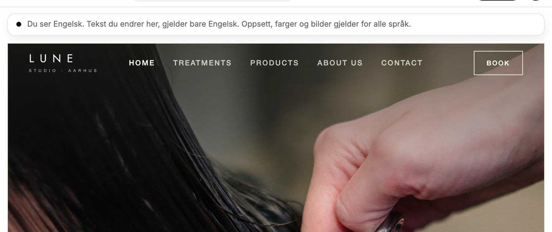 Editoren som viser nettstedet på tysk, med en merknad øverst som sier det