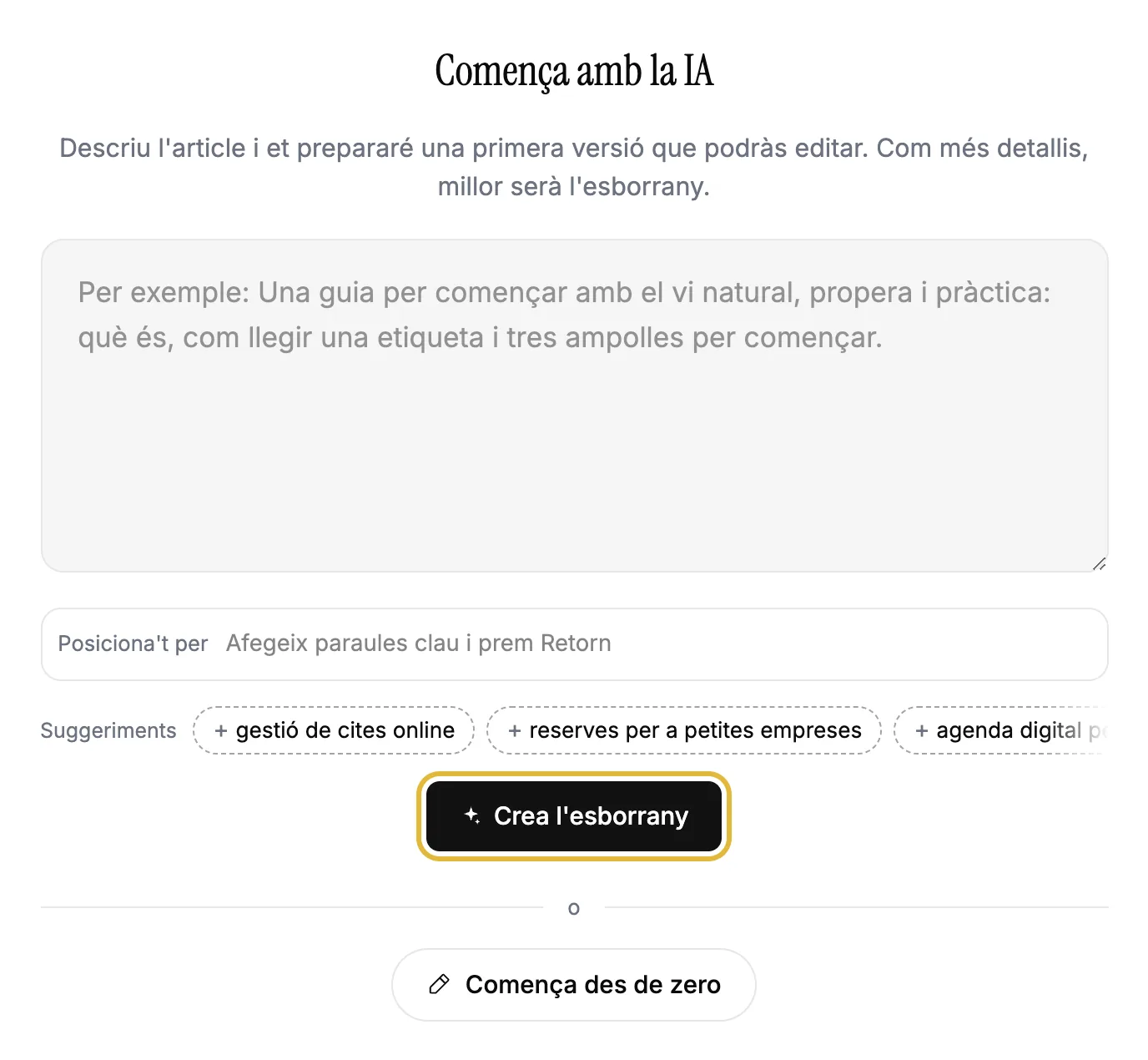 La primera pantalla d'un article nou, on la IA en crea un esborrany a partir d'una descripció