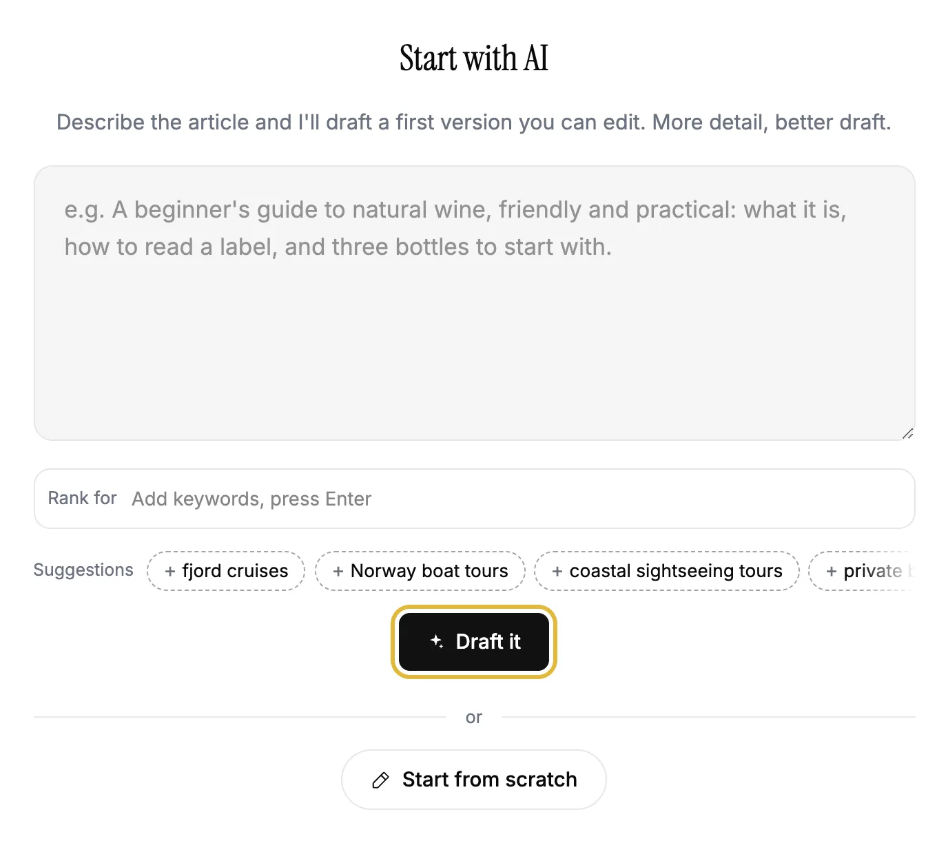 A new article's first screen, where AI drafts the article from a description