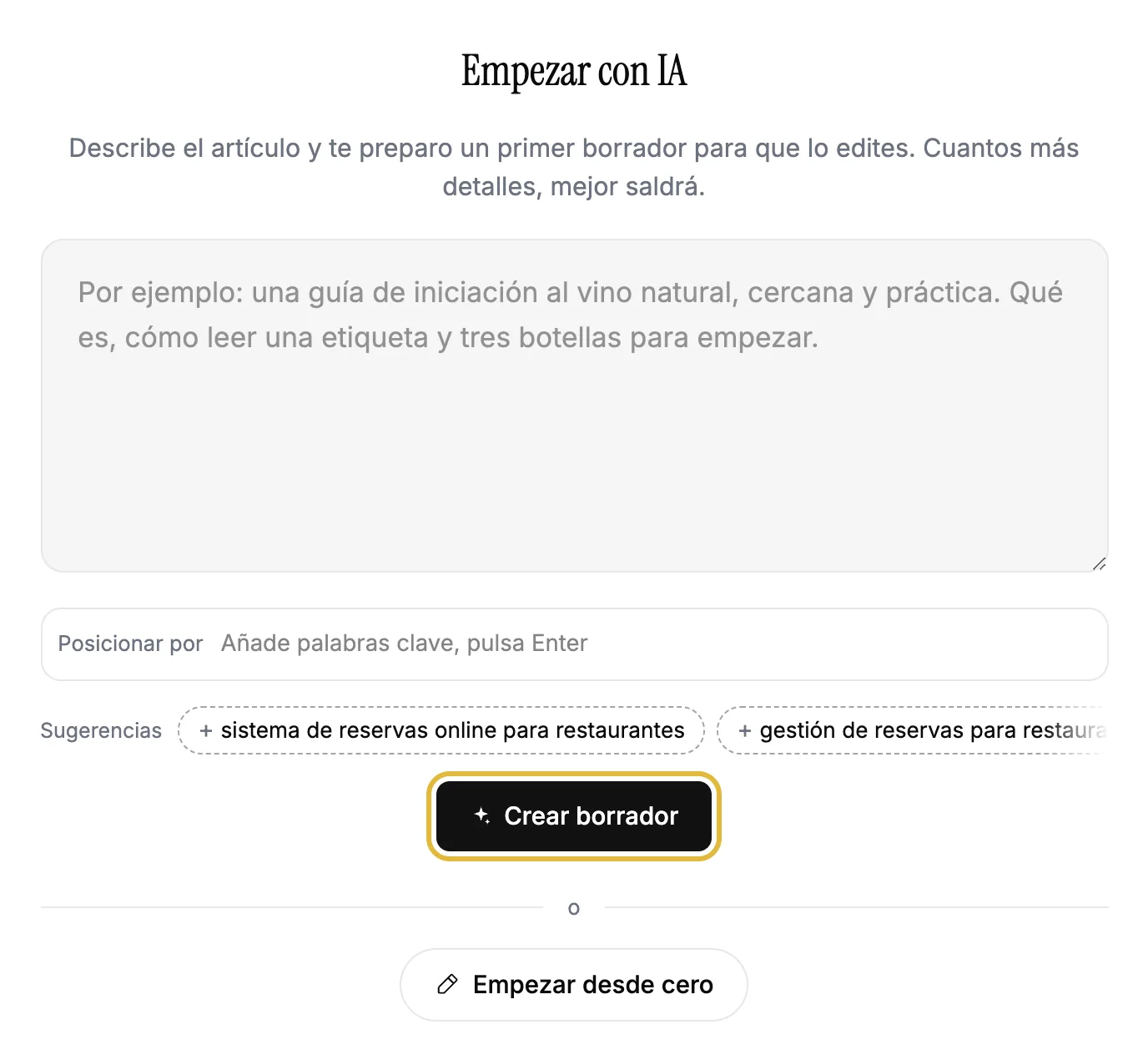 La primera pantalla de un artículo nuevo, donde la IA lo redacta a partir de una descripción