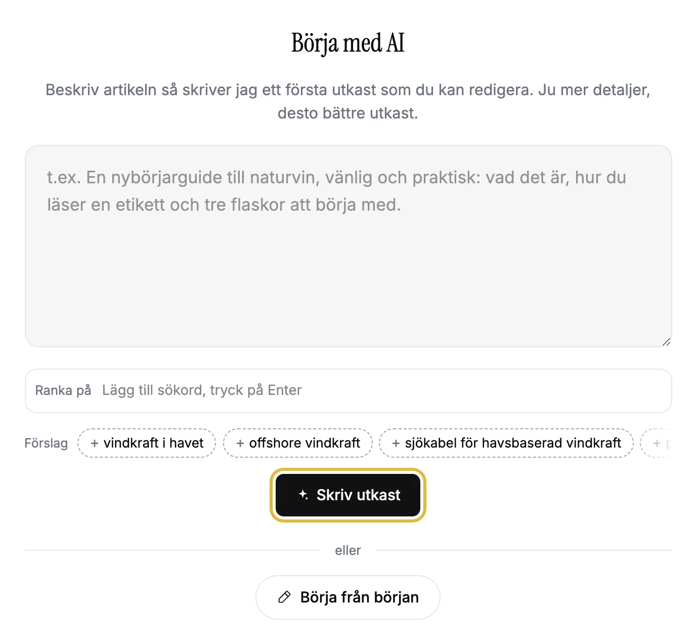 Första vyn för en ny artikel, där AI skriver ett utkast utifrån en beskrivning